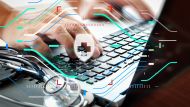Doctor working with laptop computer in medical workspace office as concept