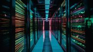 Futuristic computer equipment glows in dark connected by network server generated by AI
